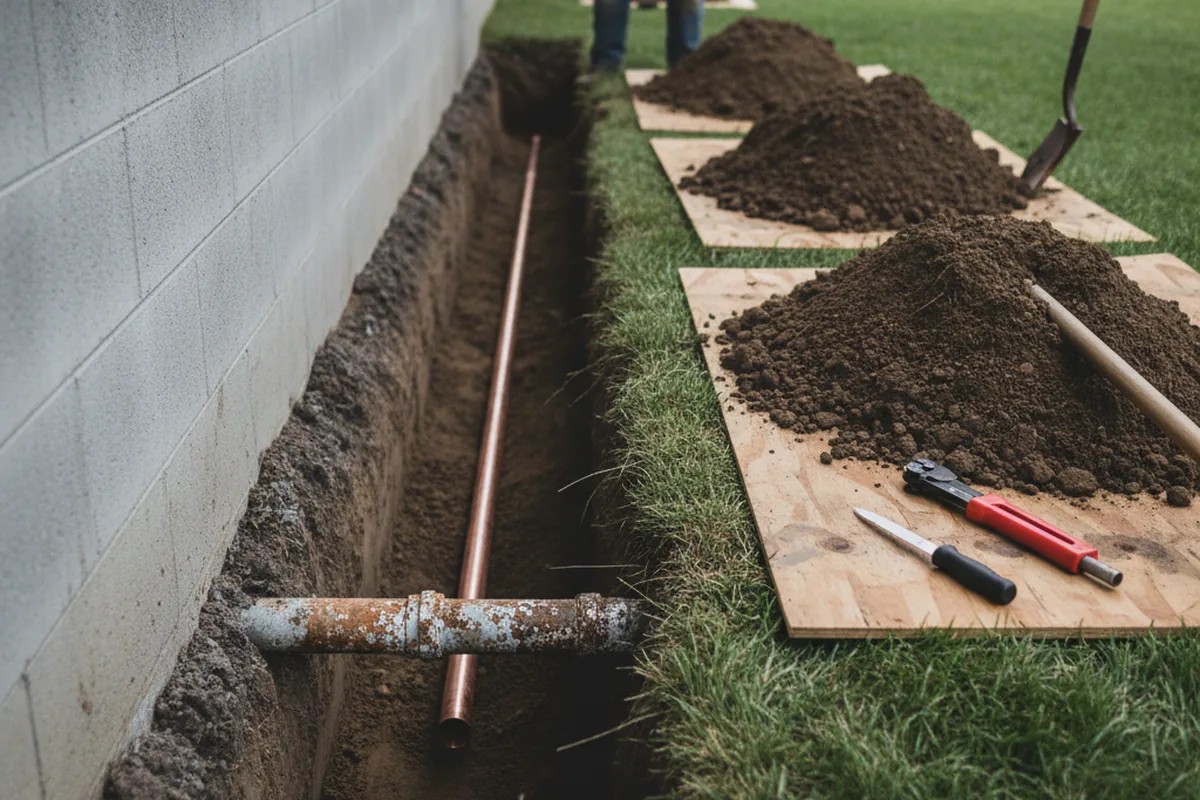 Excavated water line trench during Water Softener Installation in Roberts
